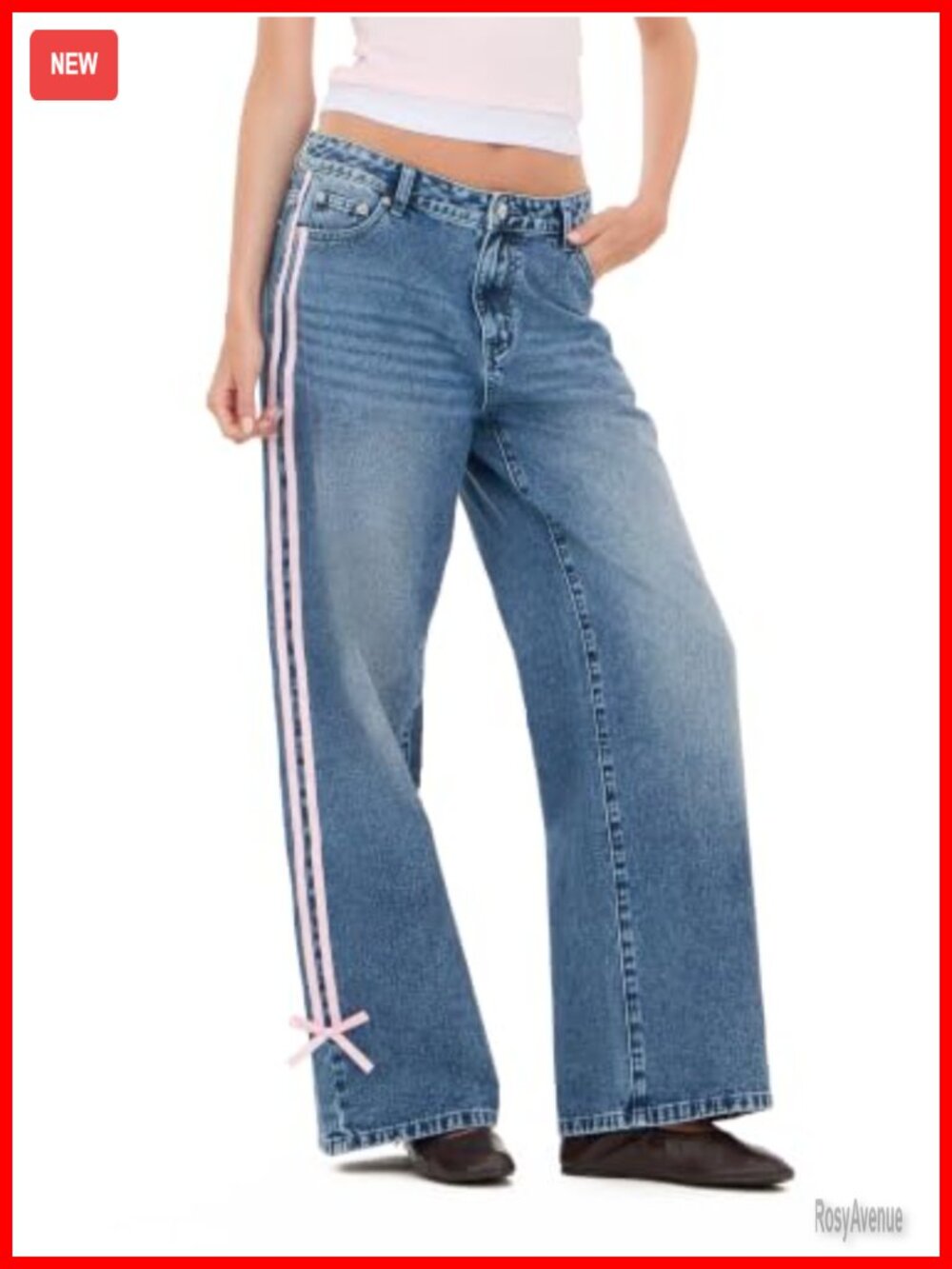Y2K Low-Rise Baggy Jeans with Side Stripes & Bow Accents